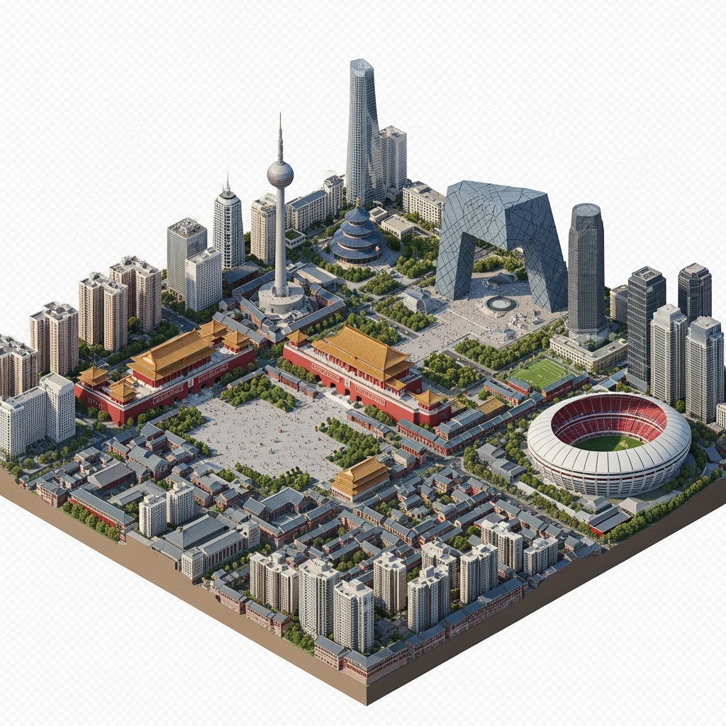 Isometric miniature of Beijing Forbidden City, Tiananmen Square, CCTV Headquarters, Temple of Heaven, Beijing National Stadium and crowded hutong alleys, sprawling apartment blocks, 3D miniature effect and Tilt Shift effect, no cartoonish look, transparent background. emoji