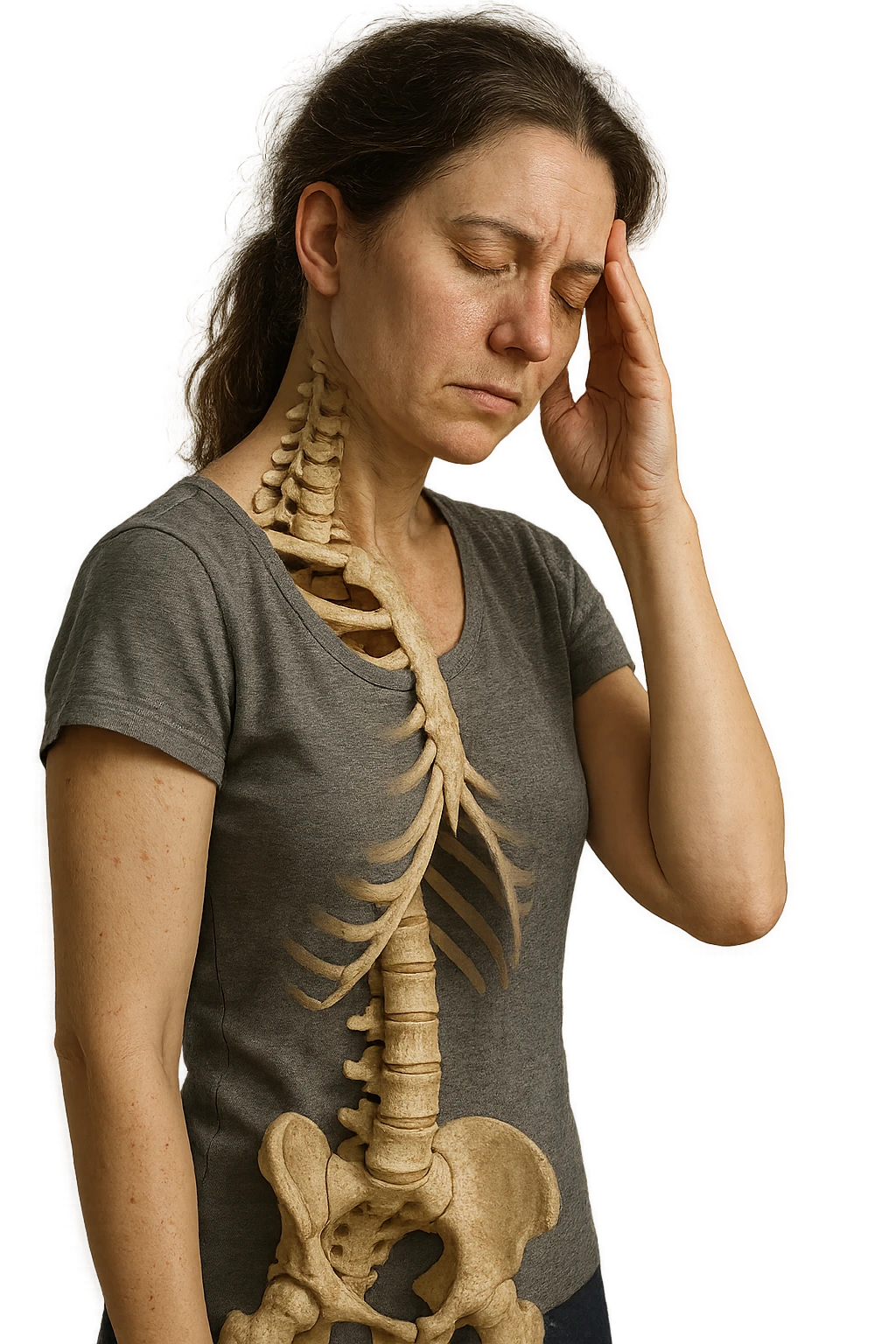 donna stanca a figura intera che si tiene una mano sulla tempia con spina dorsale anatomica visibile, iperrealistico 4k emoji