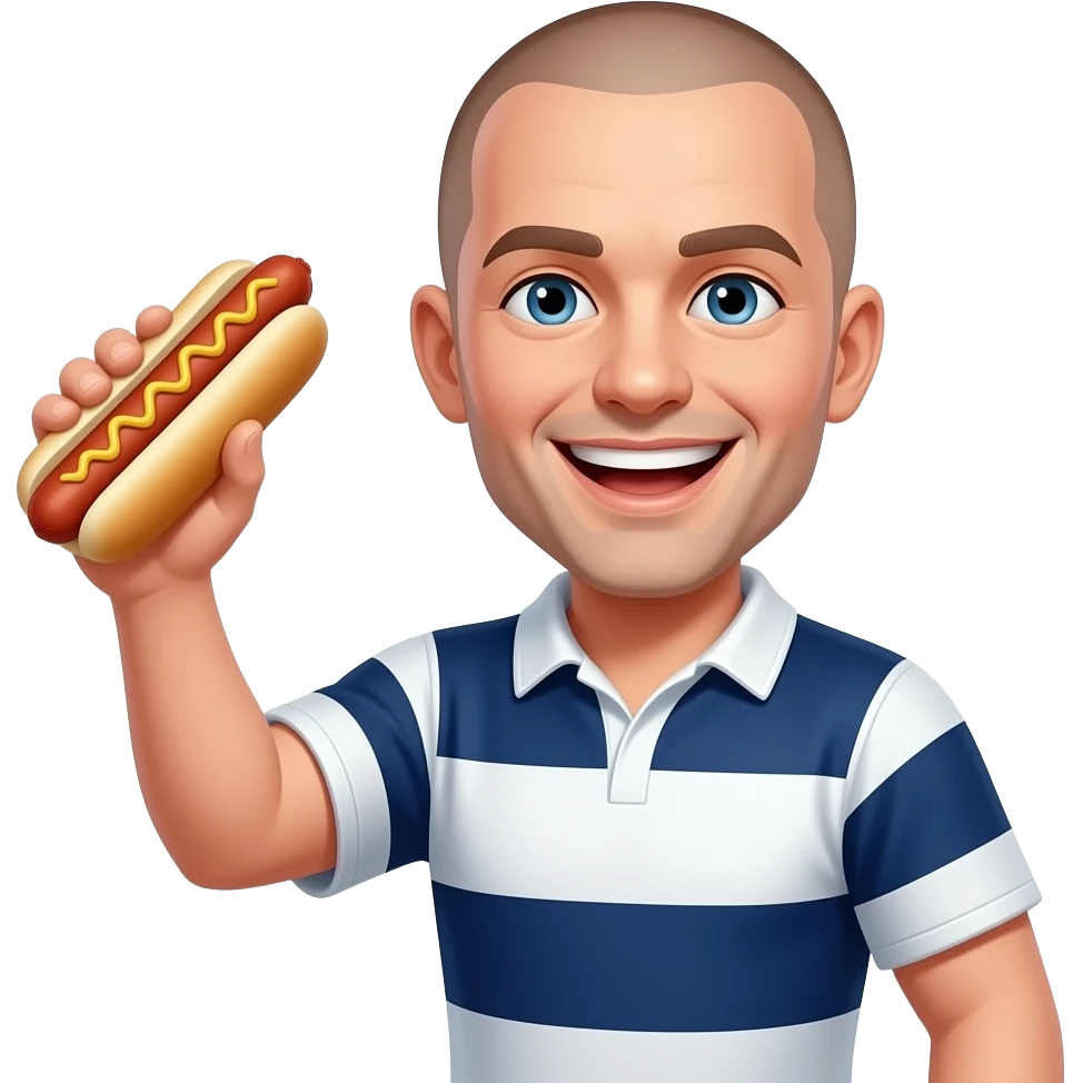 white man with shaved head winning at rugby with a hot dog emoji