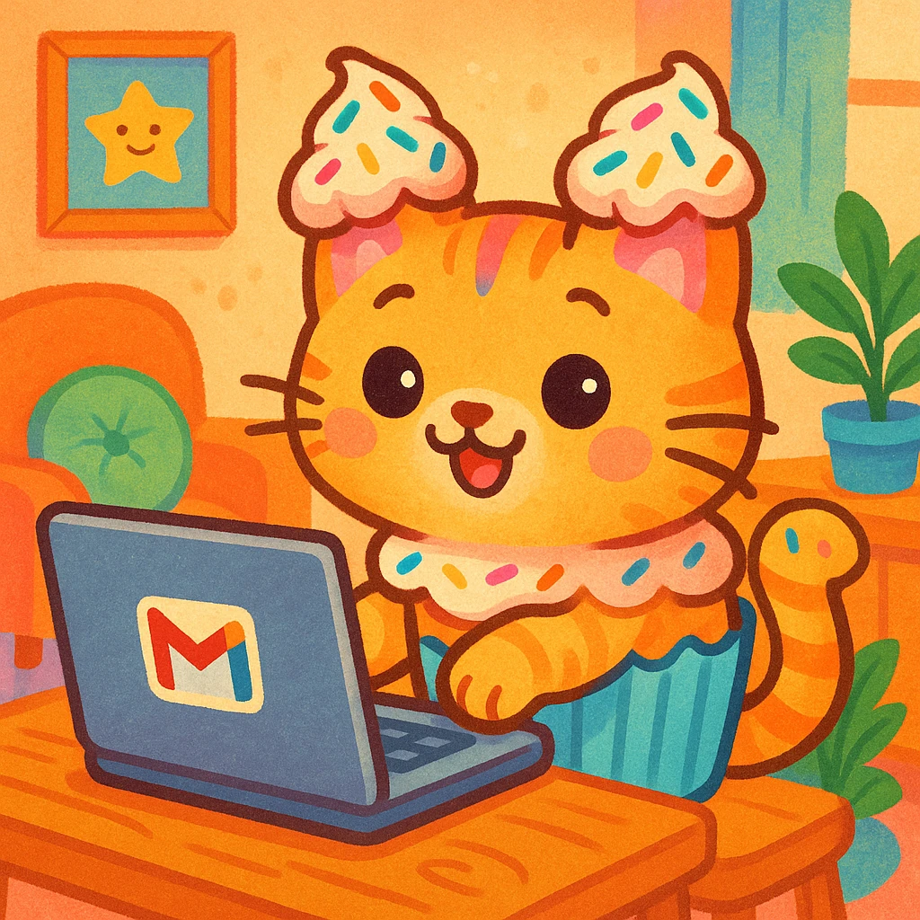 A whimsical cat with cupcake frosting and sprinkles, sitting at a laptop with a Gmail logo, writing funny stories for friends on Gmail. The cat is colorful with cupcake-themed features, including frosting ears and a cupcake wrapper body. The scene is playful and cute. emoji