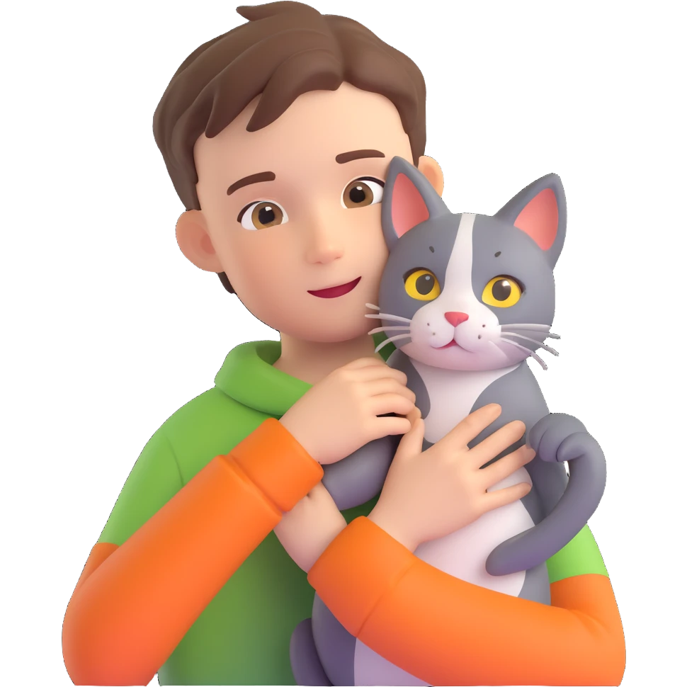boy and cat pet in forrest background, close up pose emoji