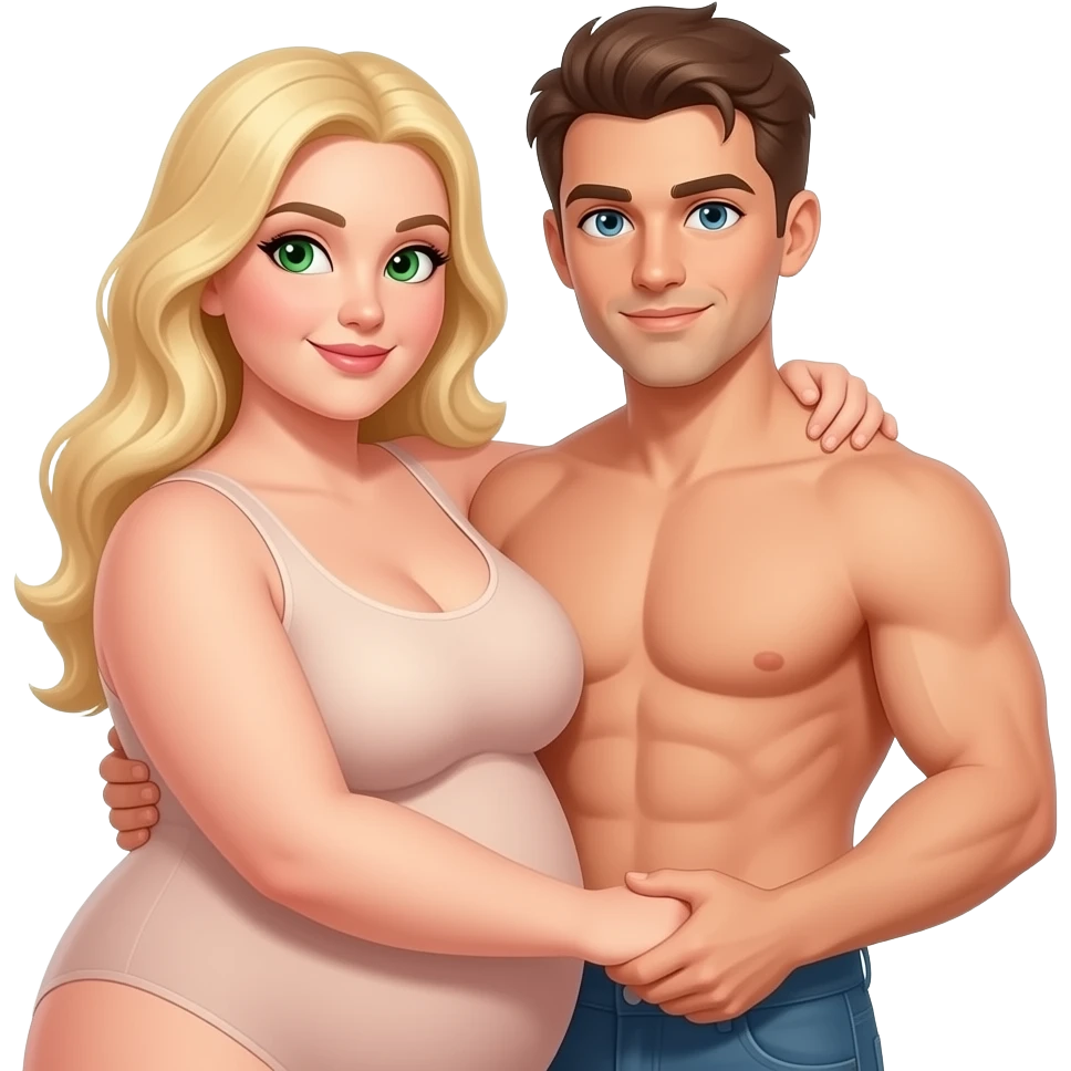A heavy set naked white woman with blond hair and green eyes holding a naked white male with brown hair and blue eyes no mucles emoji