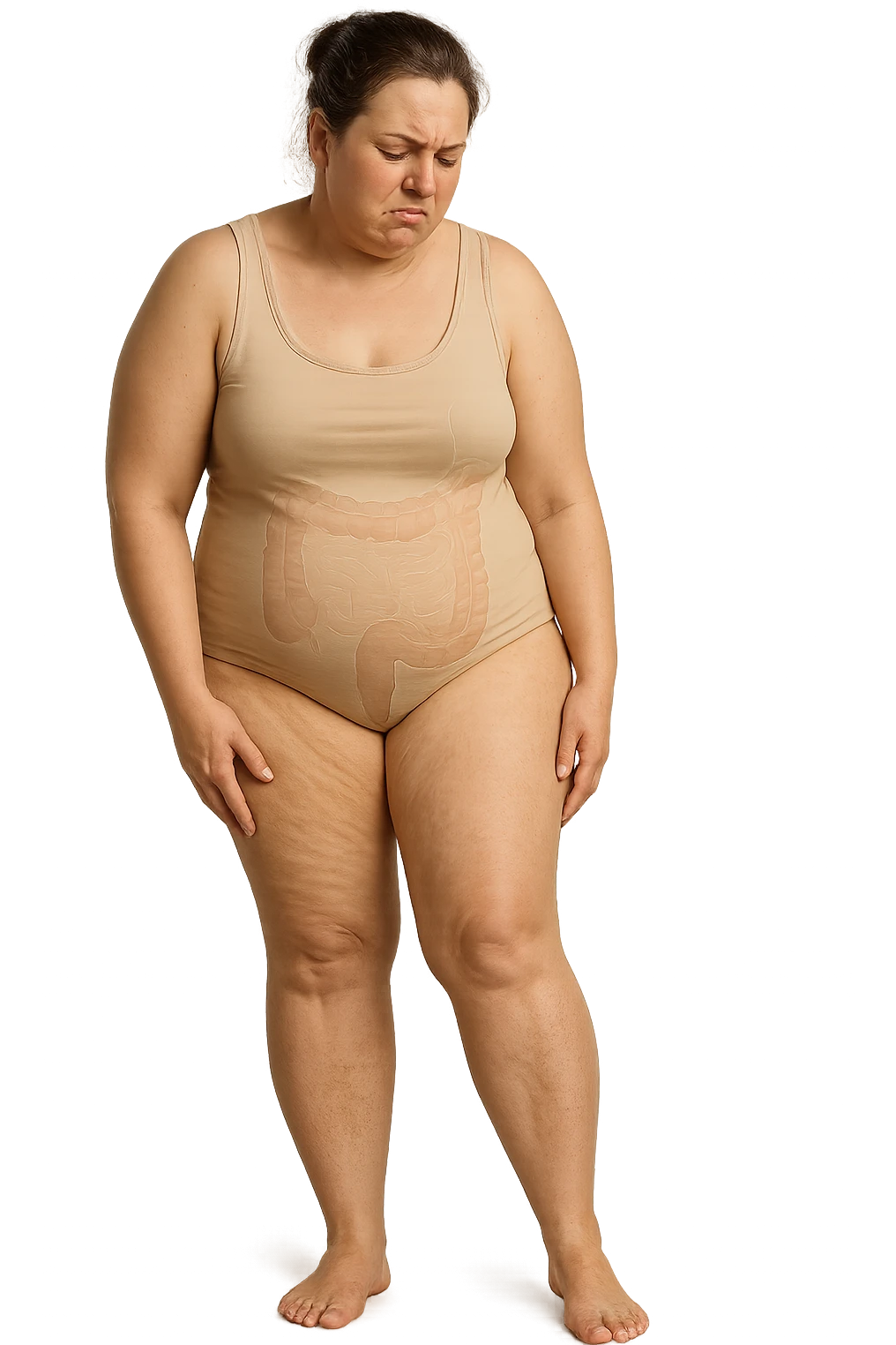 DONNA REALISTICA A FIGURA INTERA CON CELLULITE E GAMBE PESANTI E DOLORANTI, INTESTINO ANATOMICO IN EVIDENZA, CELLULITE VISIBILE, SI TOCCA LA GAMBA CON ESPRESSIONE DI FASTIDIO IN VOLTO, IPERREALISTICA 4K emoji