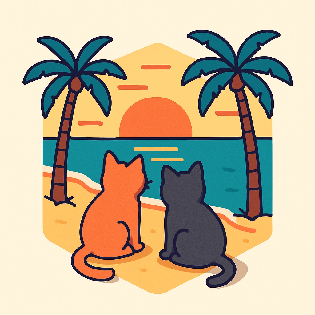 3D isometric illustration of two cats sitting on a beach at sunset with palm trees, variation 1 emoji