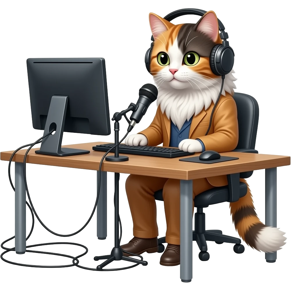 sincere long-haired calico cat podcaster at desk with computer, microphone and headphones emoji