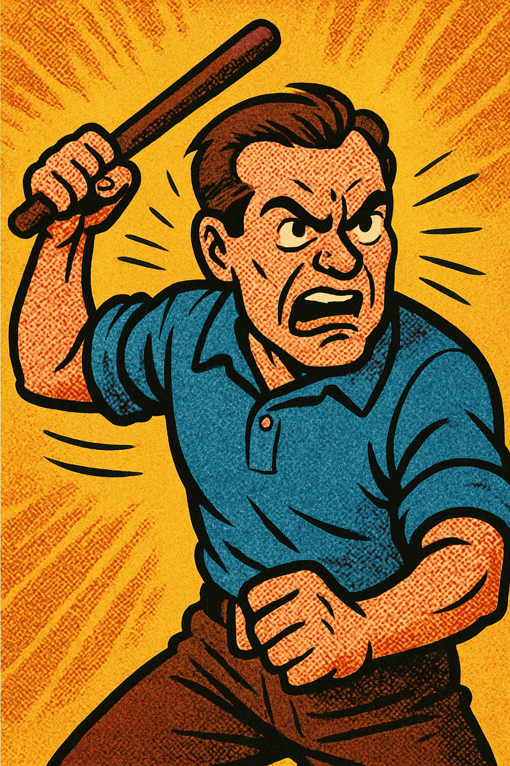 an angry dad wielding a baton, dramatic stance, animated style, bold lines, vibrant colors emoji