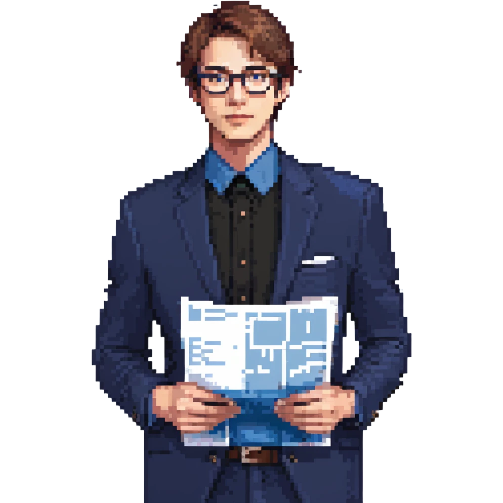 Flat pixel art, focused and reserved male architect, American, Caucasian features, short sleek brown hair, wearing glasses, wearing a deep indigo suit jacket over a black shirt, holding a blue print, waist-up, front-facing emoji