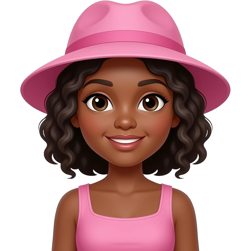 Uma menina bonita fofa e negra meio Clara também e também Bota ela com Chapeuzinho Rosinha e um vestido rosa emoji