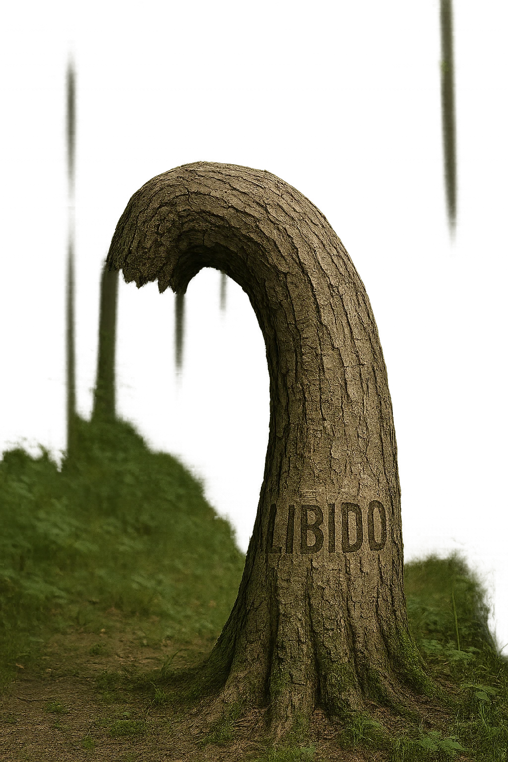 Realistic, vertical 4K illustration: a hyperrealistic tree trunk in a forest setting, noticeably bent, drooping, or wilted instead of standing upright. The bark is textured and detailed WITH THE WORD "LIBIDO" PRINTED ON IT, with subtle cracks and faded colors suggesting loss of vitality. Soft, natural light filters through the surrounding trees, casting gentle shadows. The scene is quiet and contemplative, with the trunk’s unusual, slumped posture symbolizing a decline in male libido. The background is lush and detailed, but the focus remains on the central, softened trunk, evoking a sense of vulnerability and introspection. emoji