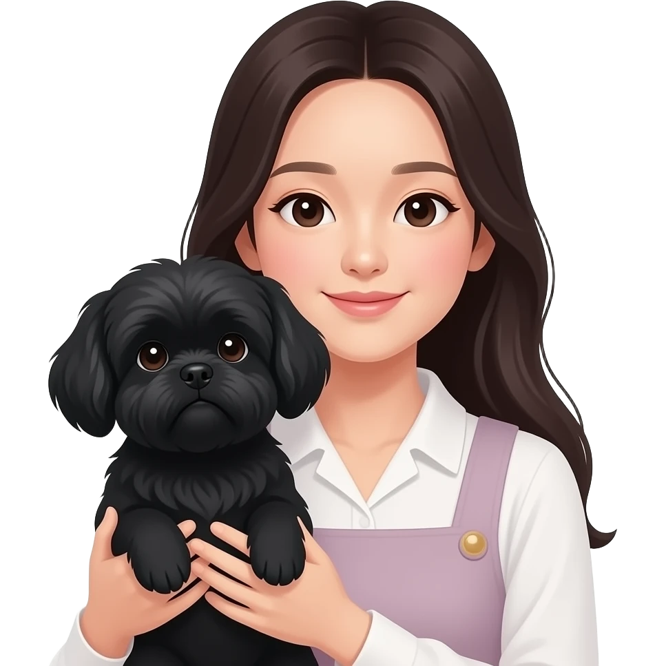 long black hair korean women holding black shih tzu emoji