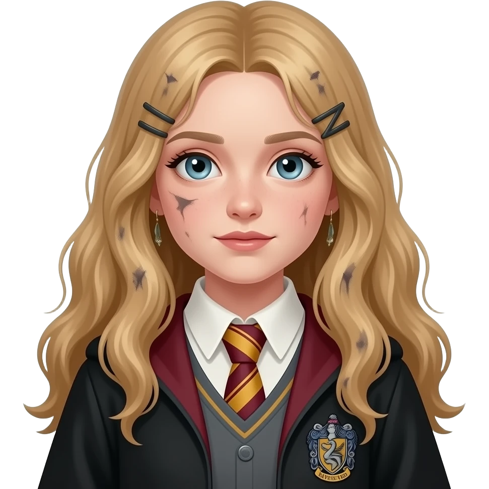 Luna Lovegood emoji, Apple style, clean 3D, soft gradients, teenage girl age 15–16, long dirty-blonde hair, dreamy expression, quirky accessories, Ravenclaw accents, minimal icon, centered, white background, high detail emoji