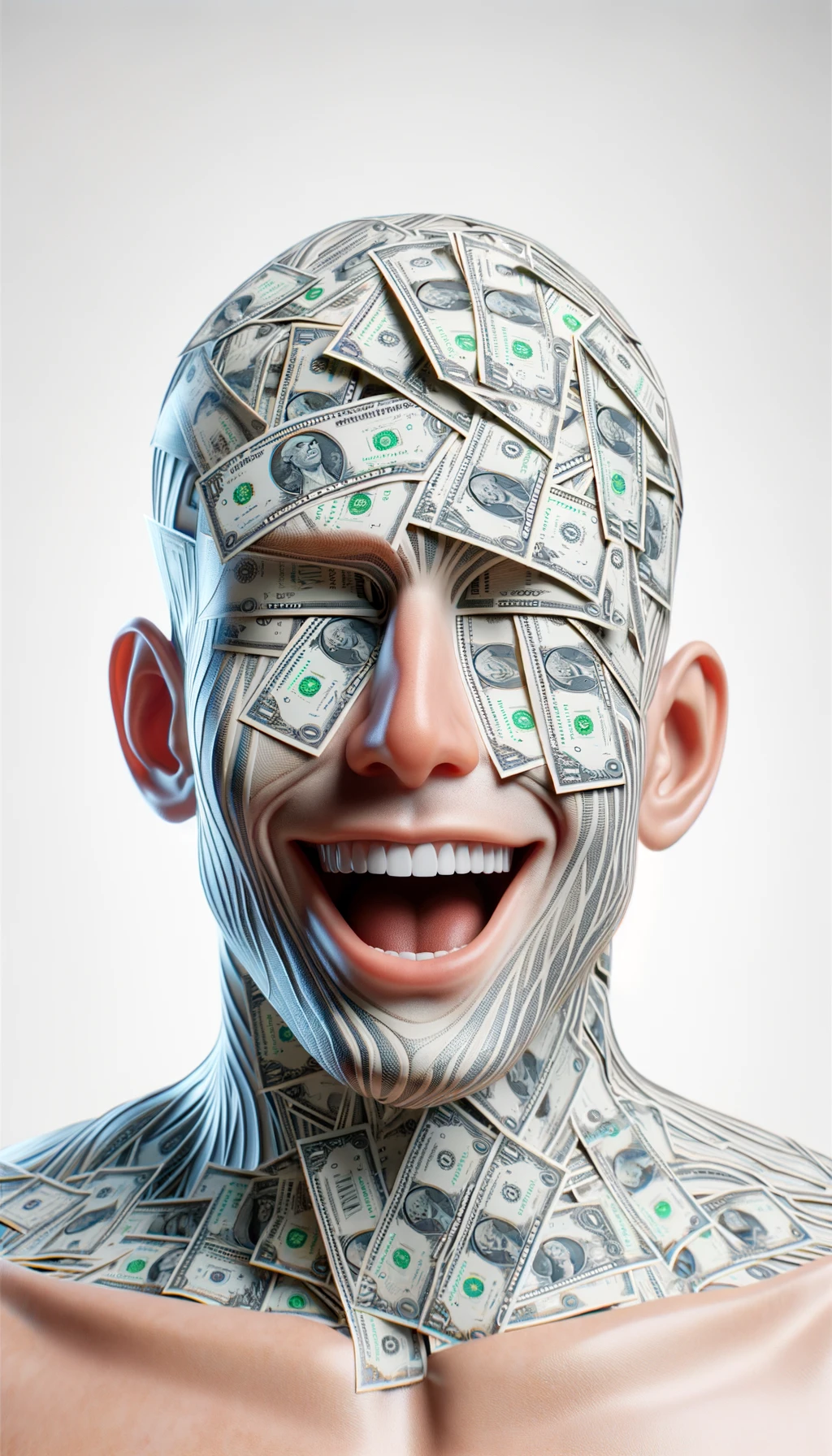 corpo umano anatomico sereno e felice con una montagna di banconote davanti al viso, espressione stupita, iperrealistica 4k, isolato su sfondo bianco emoji