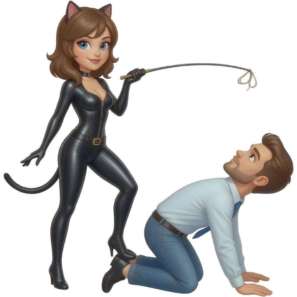 woman in a catsuit with a riding crop standing over a man kneeling at her feet looking up at her emoji