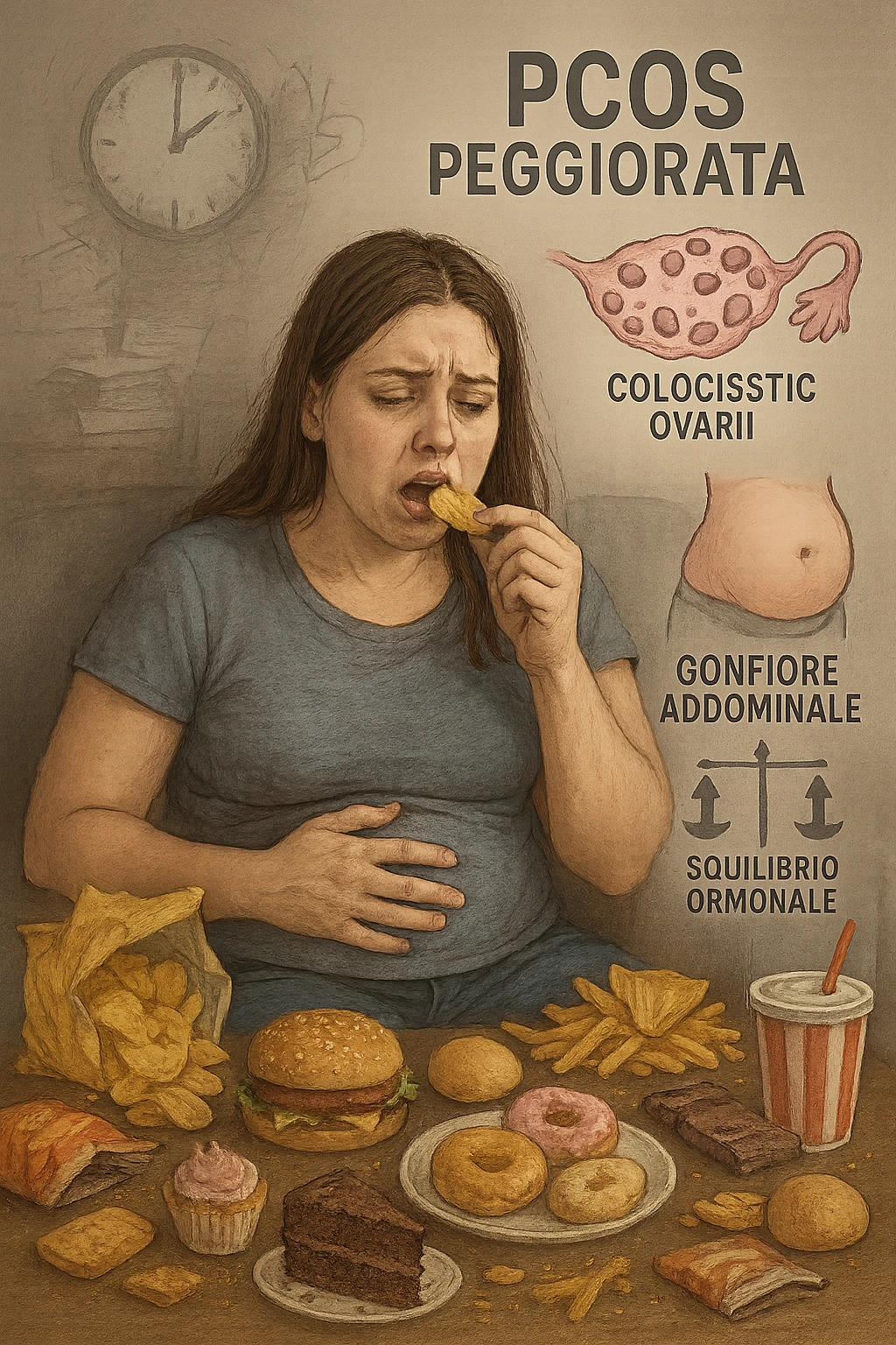 Donna tra i 25 e i 35 anni seduta sul divano o a un tavolo disordinato, circondata da cibi sparsi e poco sani: patatine, dolci, pane bianco, snack confezionati, bibite. Mangiando di fretta, ha un’espressione stanca e frustrata. Intorno a lei, in trasparenza o come illustrazione simbolica, si vedono gli effetti della PCOS peggiorata: ovaie con cisti multiple, squilibrio ormonale (↑ insulina, ↑ androgeni), gonfiore addominale. Sullo sfondo, orologio che corre o caos visivo che comunica disorganizzazione alimentare. Colori spenti e atmosfera stanca. Stile realistico con elementi simbolici e informativi. in italiano emoji