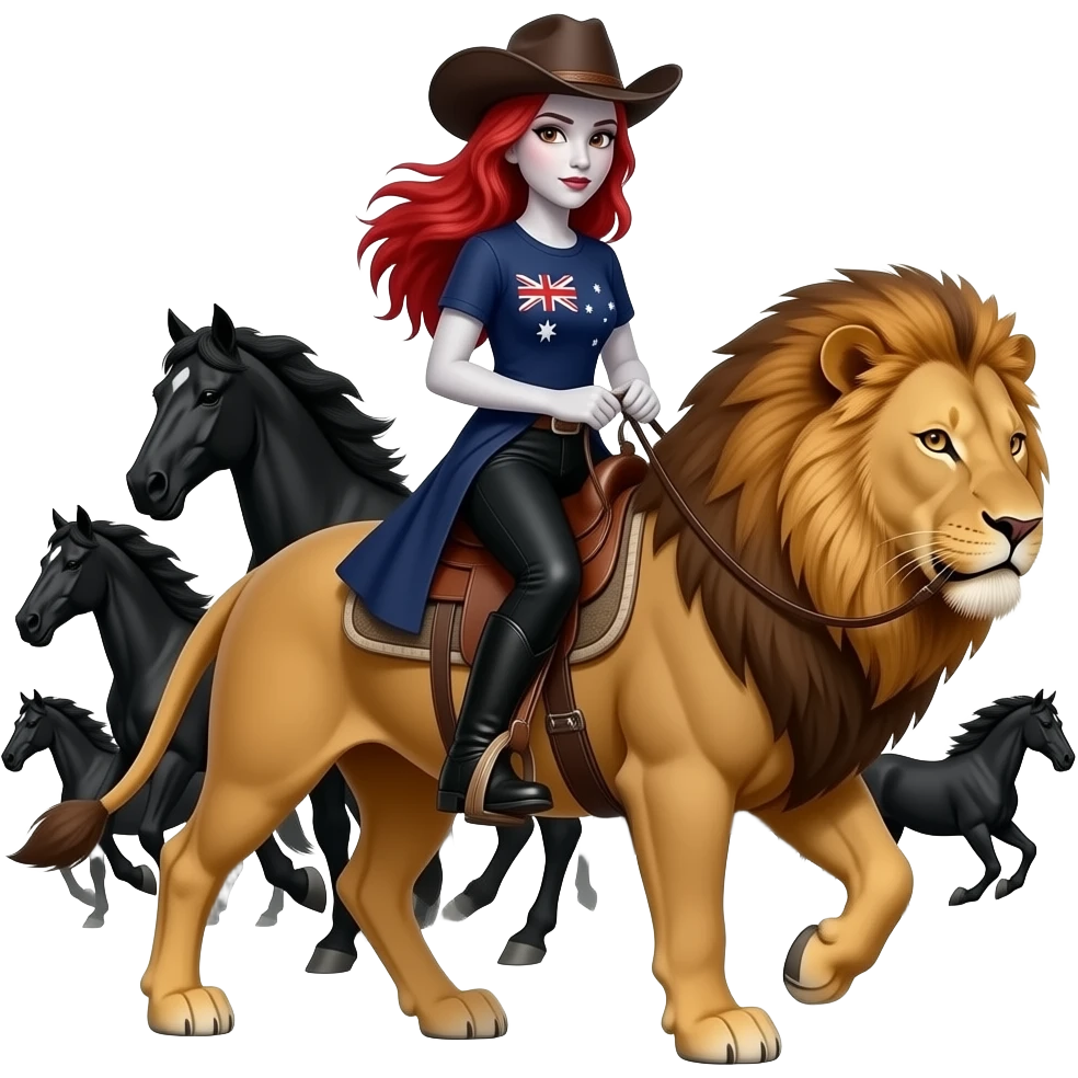 Vampiro femmina ADOLESCENTE con pelle bianca e capelli rossi  indossa dei leggins neri, gli stivali  neri un maglia LUNGA FINO ALLE GINOCCHIA con maniche corte con disegnata sopra l' Australia e un cappello da cowboy che cavalca un leone insieme a un branco di cavalli neri che corrono emoji