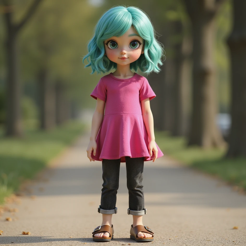 a realistic girl with teal hair, wearing a hot pink dress, black jeans, and brown birkenstocks, outdoors, photorealistic emoji