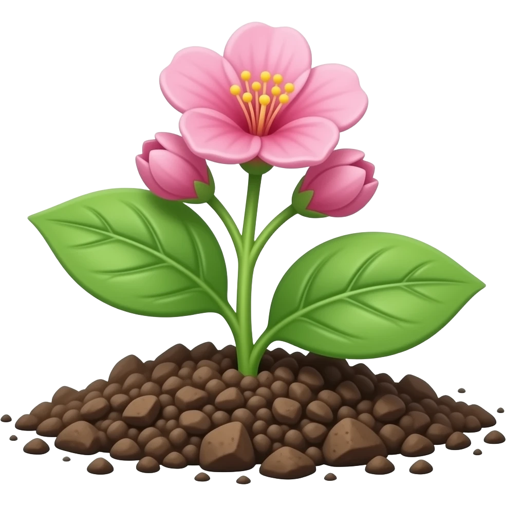 green plant from the ground with leafs And Pink flowers blooming emoji