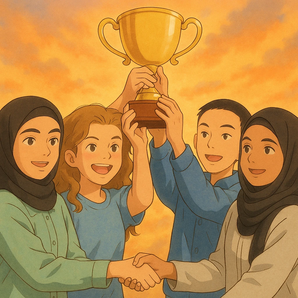 Illustration style Ghibli, four students lifting a trophy together in a warm and joyful atmosphere, soft lighting, harmonious colors, background suggesting a celebration. Faces and outfits inspired by the four provided photos. emoji