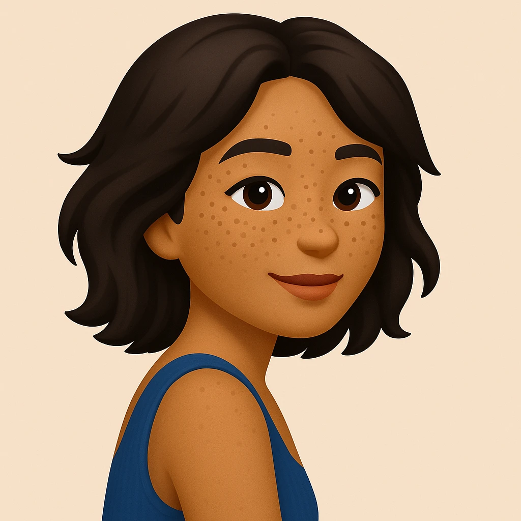 turn the second man in emoji style of the 1st image, match the facial features and match dressing style of the 2nd image, she is wearing blue tank top lose, side pose emoji