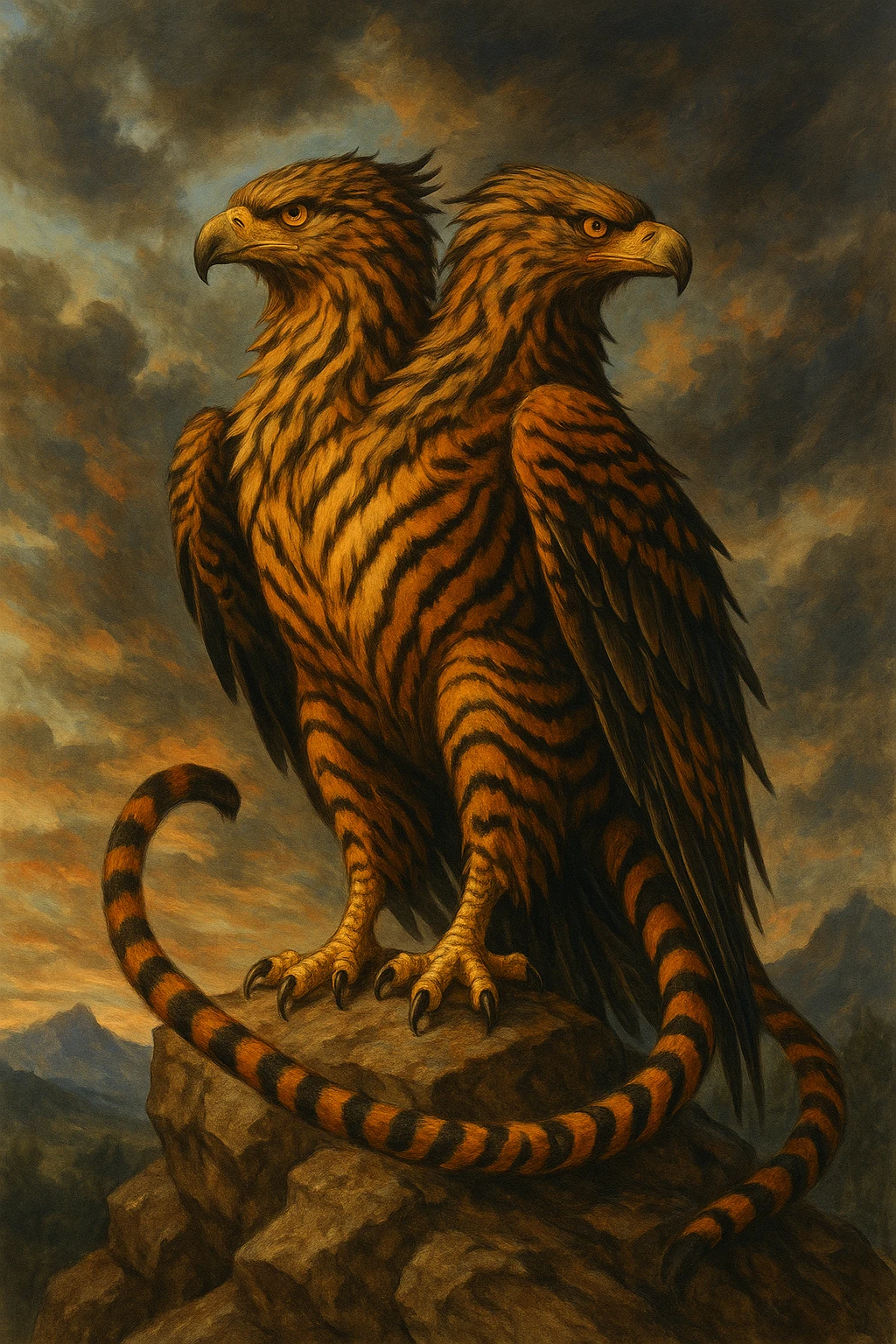 A two-headed eagle with tiger stripes and a tiger's tail, perched on a rock, hybrid animal, fantasy art. emoji