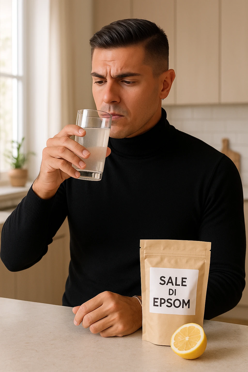 A realistic, bright photo-style image of a young man in his 30s standing in his kitchen, holding a clear glass filled with water in which Epsom salt (magnesium sulfate) has been dissolved. He looks focused but slightly uncertain as he prepares to drink it for a liver flush or digestive cleanse. The glass shows slight cloudiness from the dissolved salt. On the counter are a packet labeled 'Sale di Epsom' and a sliced lemon, suggesting he might use it to mask the taste. The setting is clean, natural, and bright with neutral tones. The background shows sunlight streaming through a window, emphasizing a clean, minimalist health-focused environment. The mood conveys a realistic, calm moment of self-care with a hint of discomfort, illustrating a natural detox practice in italiano emoji