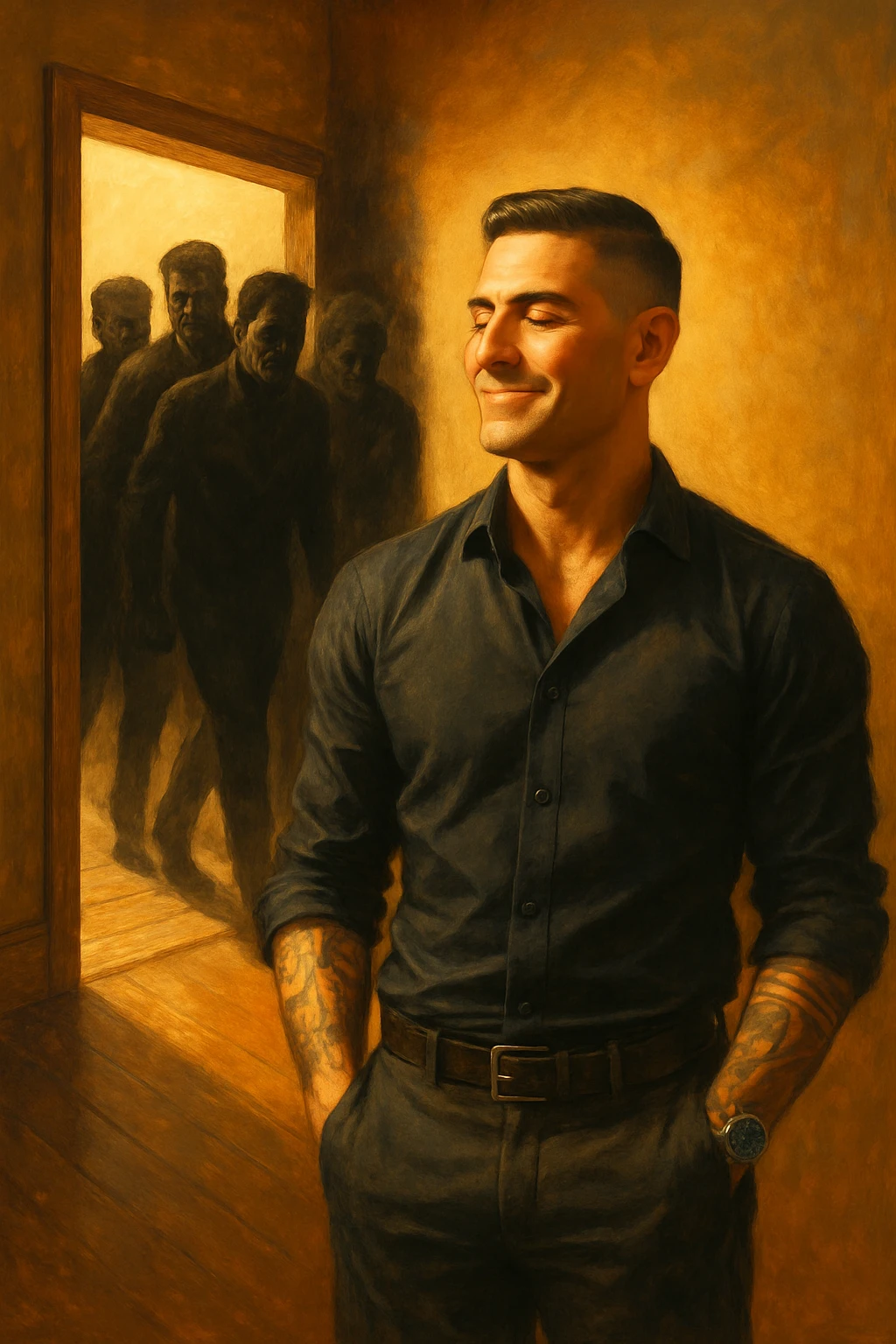 a man stands confidently in a sunlit room, facing away from a group of dark, shadowy figures with harsh or angry expressions who are walking out the door. The man’s posture is upright and relaxed, his face calm and relieved. Warm light fills the space, symbolizing his newfound peace and positivity. emoji