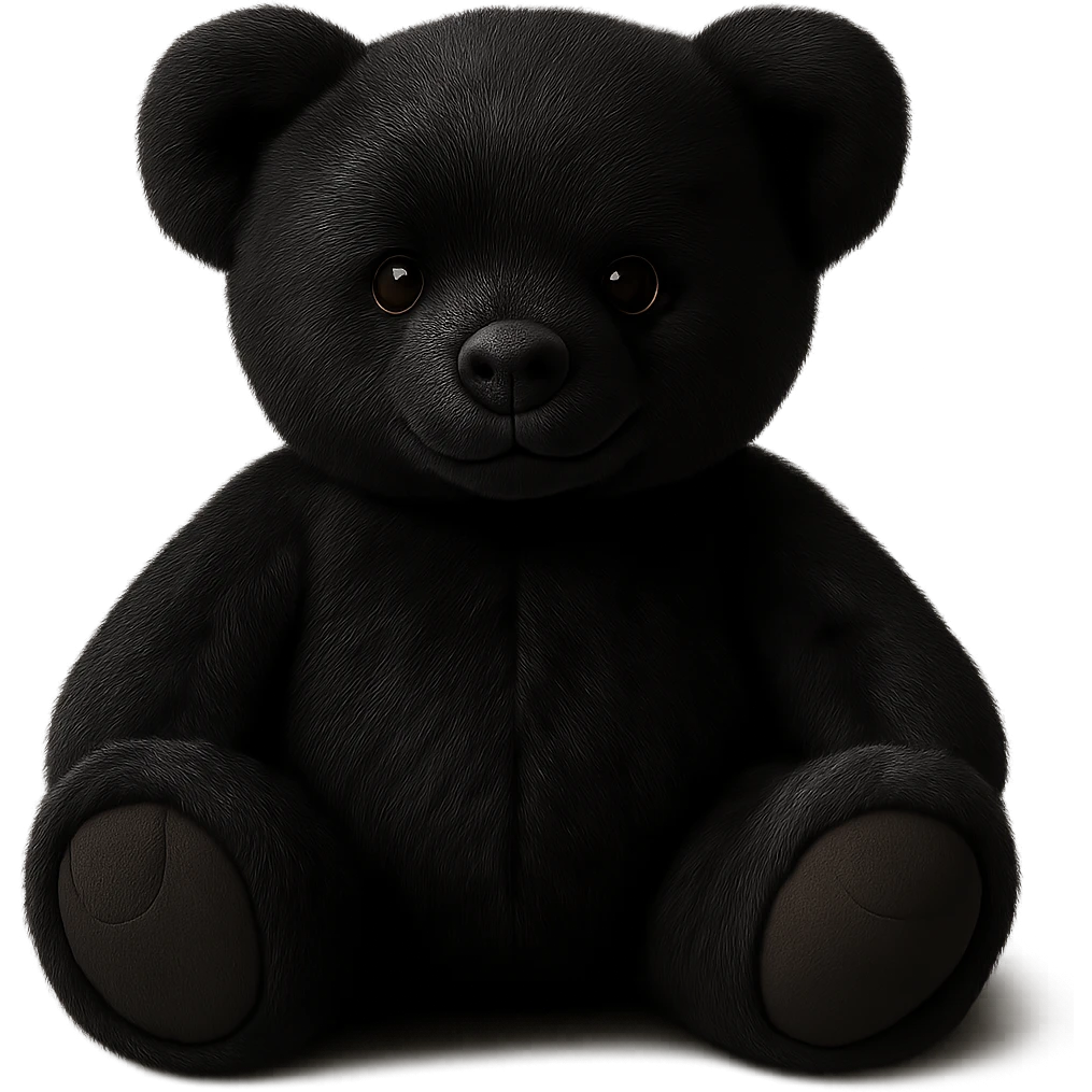 Change the teddy bear's fur to a realistic black color, keep soft lighting, and maintain a transparent background. The style should remain consistent with the original image's soft and realistic look. emoji