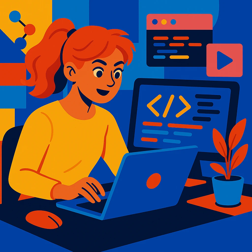 Make the web developer a female, keep the vibrant creative style, coding on laptop, modern tech environment, bright and lively colors, expressive and dynamic pose. emoji
