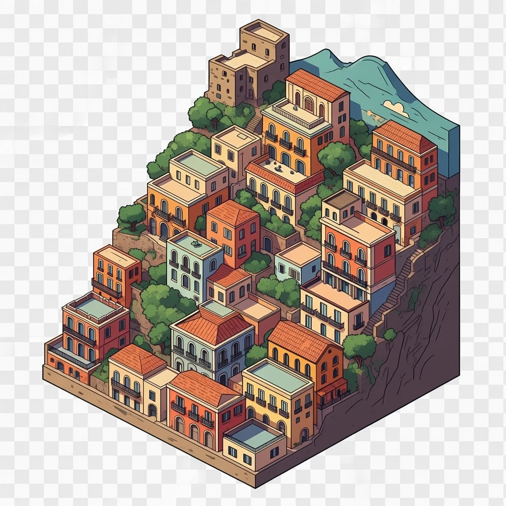 Isometric illustration of Naples, featuring colorful stacked coastal houses, highly detailed in semi-realistic style with sharp outlines, balanced between stylized and realistic, 3D miniature effect, transparent background. emoji
