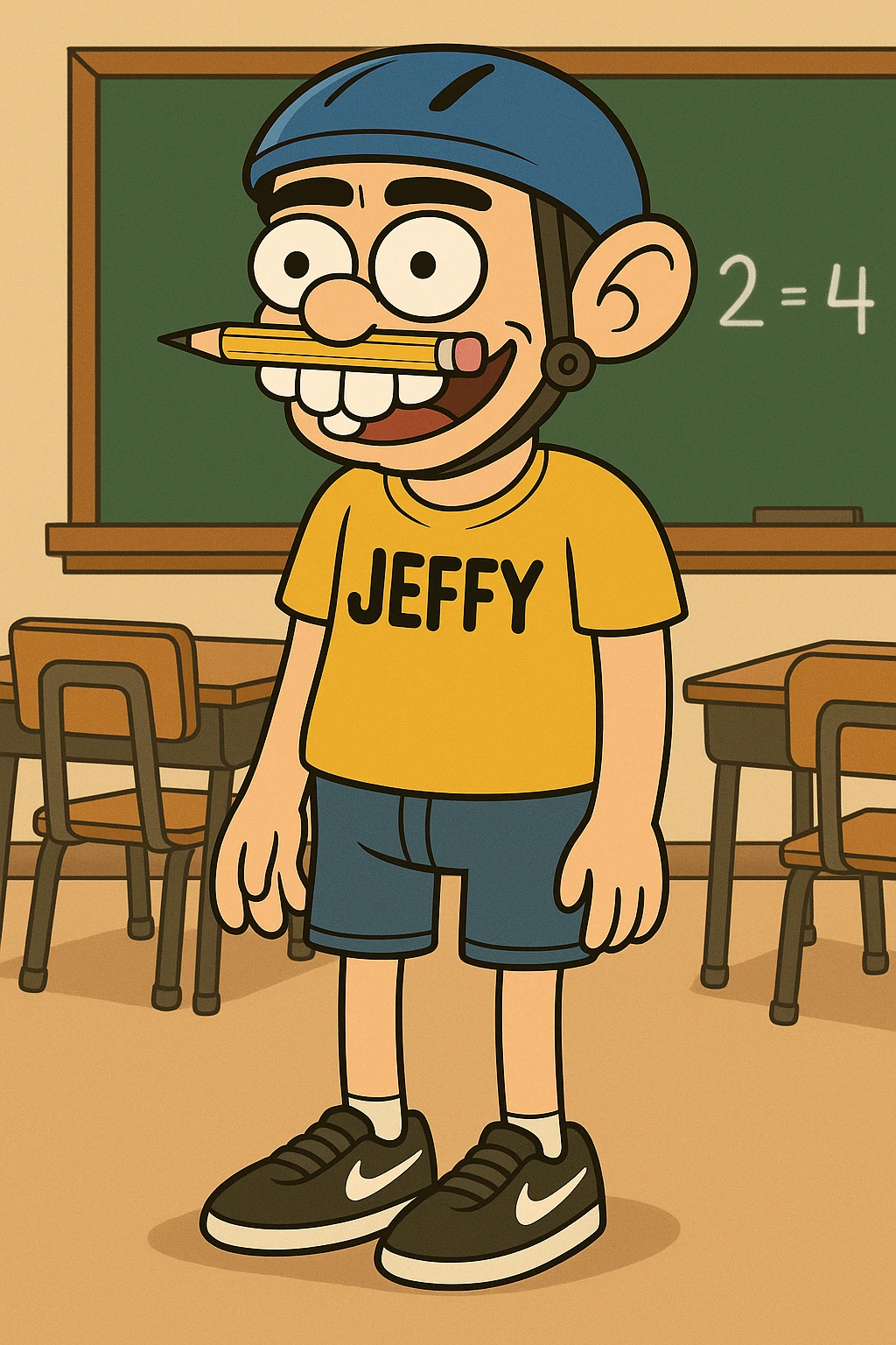 Add a playful classroom background with a chalkboard and desks, keeping the cartoon style consistent with flat toon style. emoji