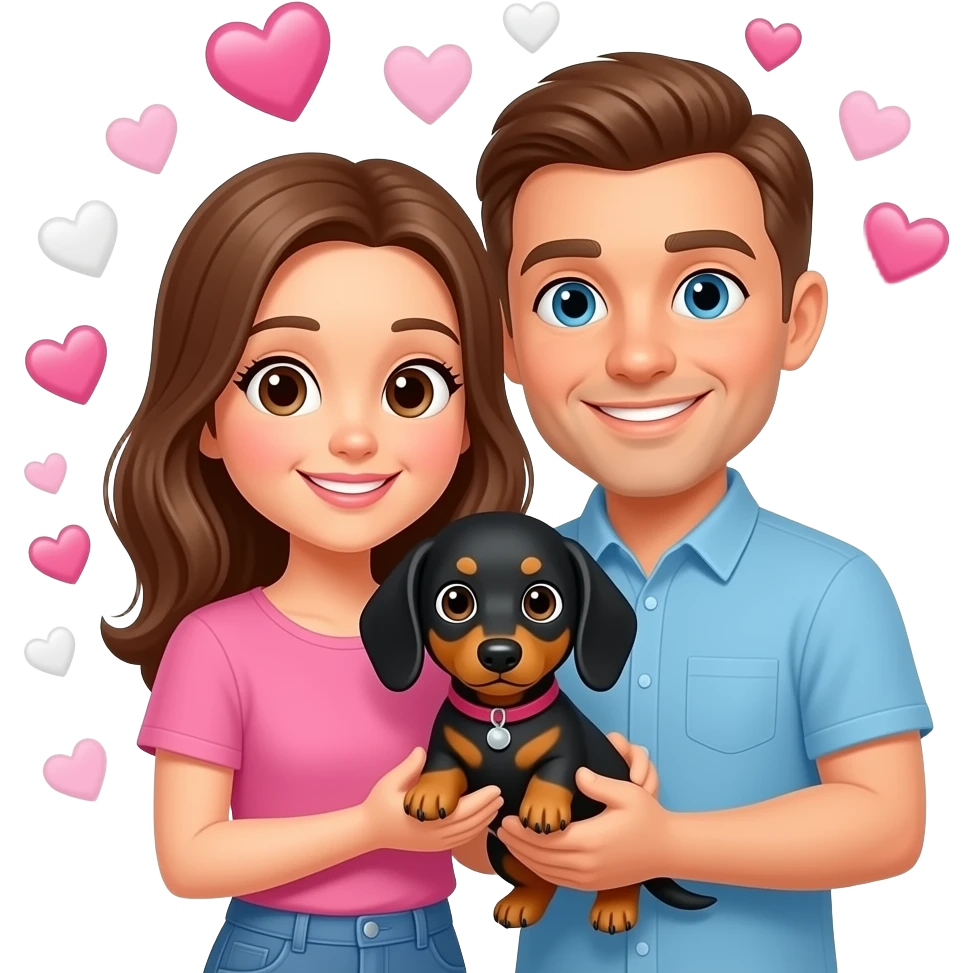 Cute Caucasian couple with pink and white hearts holding a miniature black and tan dachshund emoji