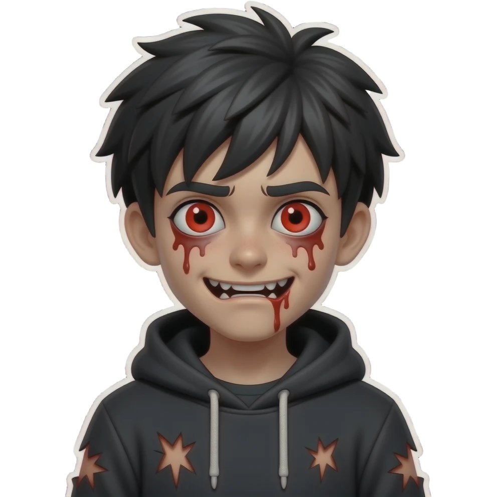 centered scary emoji zombie boy, messy dark hair, creepy expression, blood under eyes, red eyes, hoodie, black background emoji