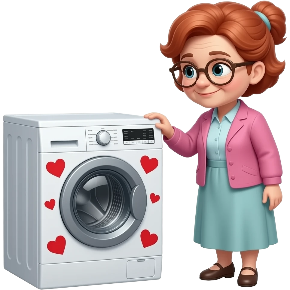 very old lady.slim.quite small. razor cut red hair. in love with her new washing machine with red love hearts around it emoji
