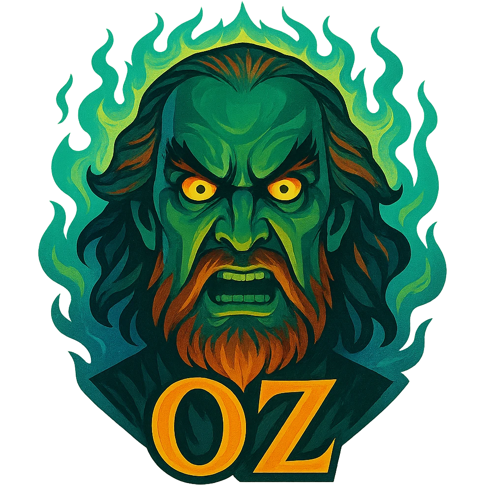 fierce head of the Wizard of Oz, bold colors, magical aura, stylized, no background emoji