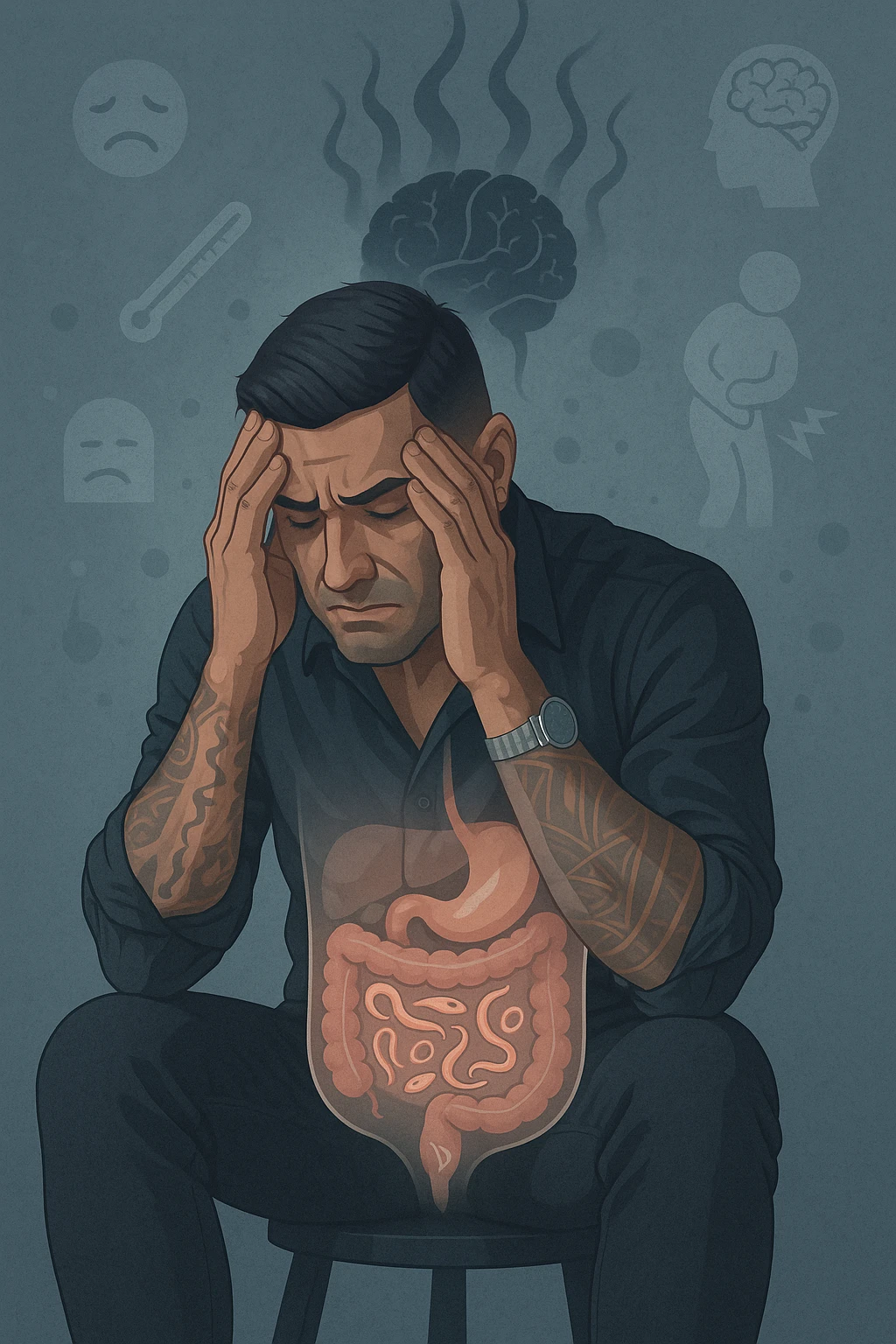a person sits with a troubled expression, holding their head in their hands. A transparent overlay on their body reveals stylized images of parasites in the digestive tract, while faint, shadowy tendrils extend upward toward the brain, symbolizing the psychological impact. The background is clinical and educational, with subtle icons representing both physical and mental symptoms. emoji