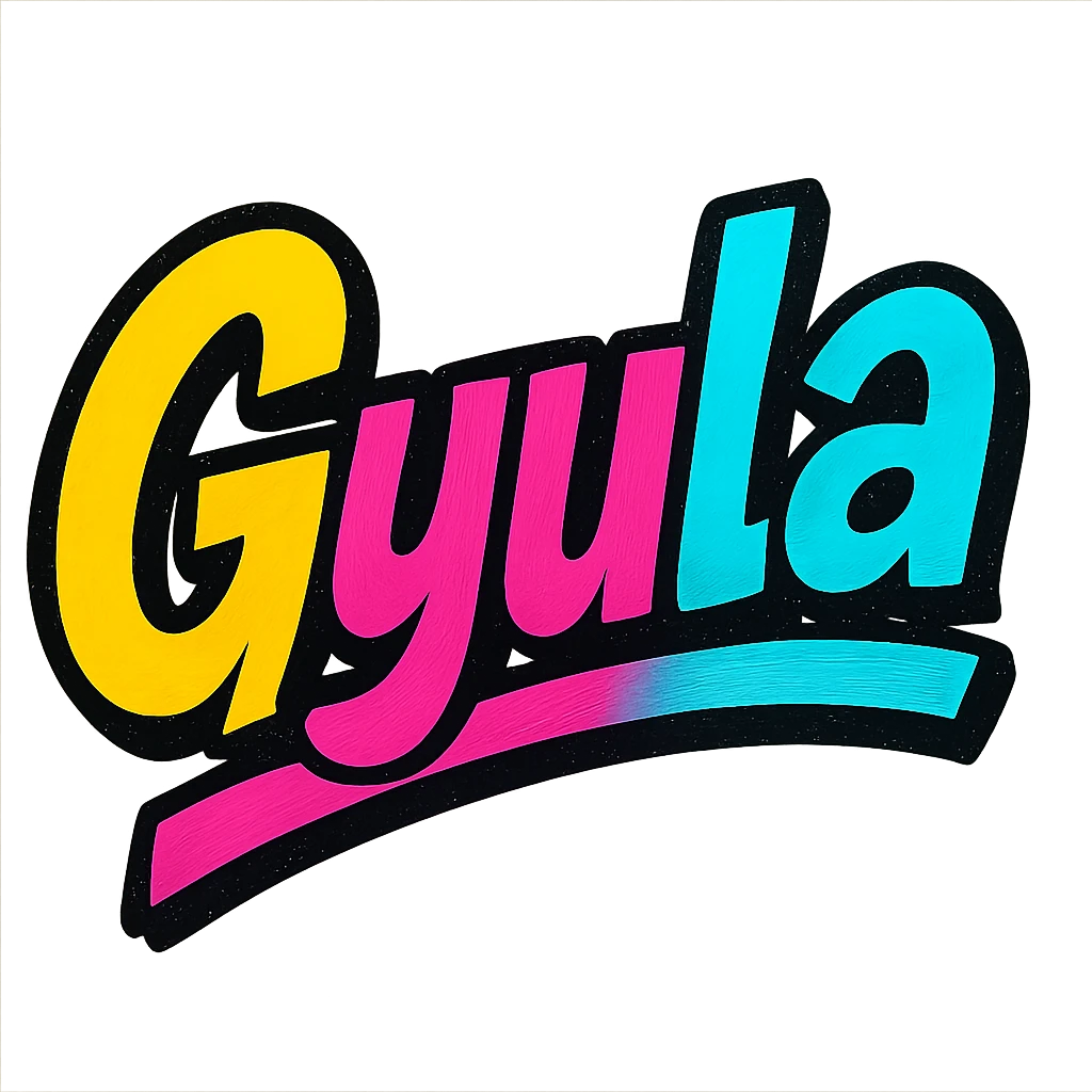 The name 'Gyula' in a modern, colorful gradient font with a dark outline, dynamic style with slanted or partial underline, in the style of reference patterns. emoji