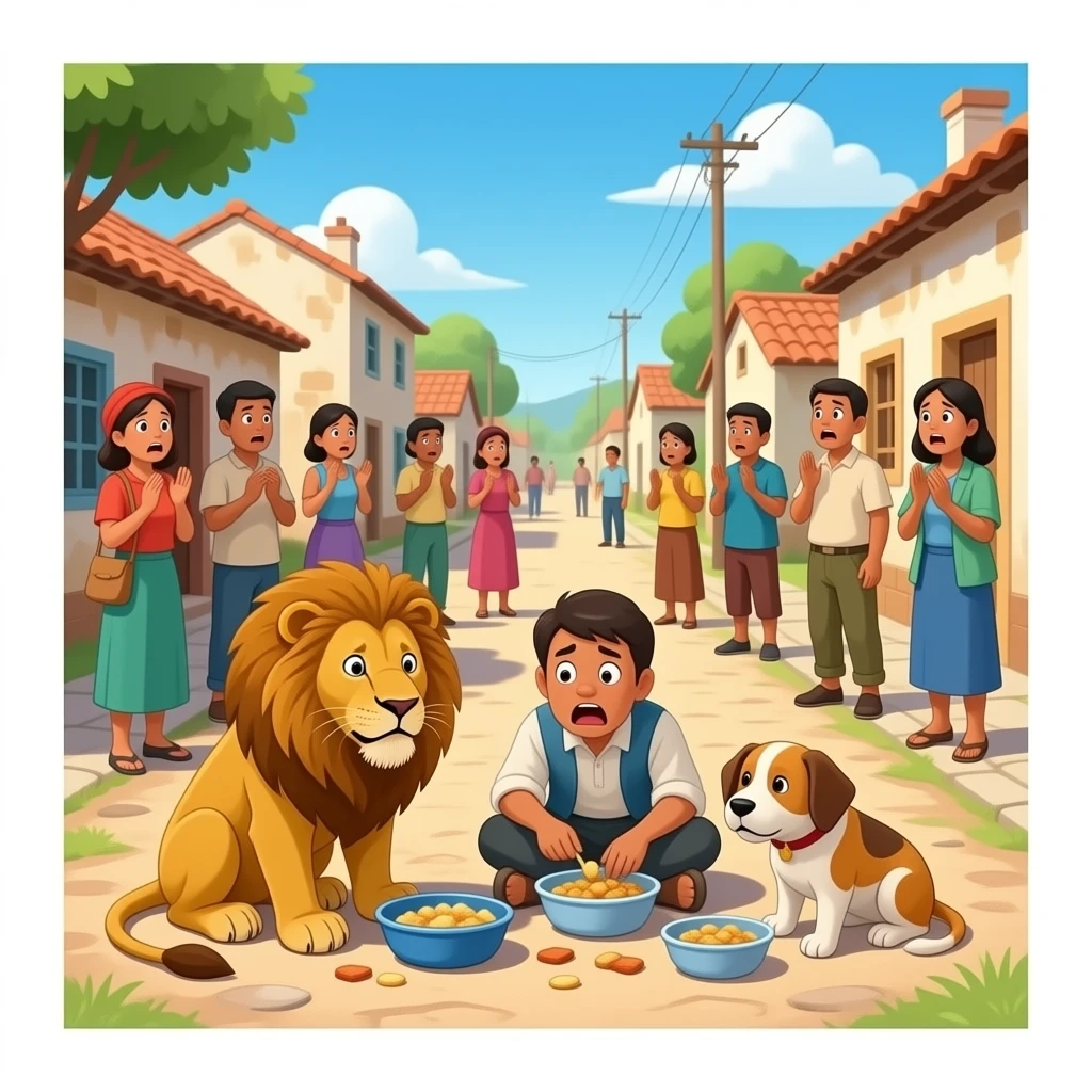 quiero que en un pueblo los habitantes que tengan mido a los leones y a los perros pero q ue les de comida  preo que tengan muchissimo miedo los habitantes y que sea realista emoji