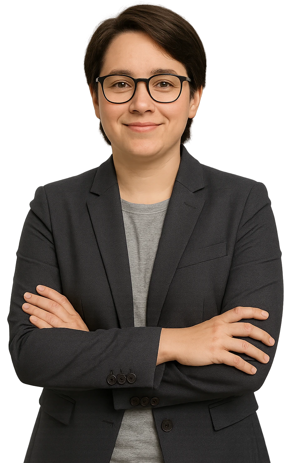 gender neutral marketer with glasses, standing with arms crossed, wearing a blazer, approachable look, simple background emoji