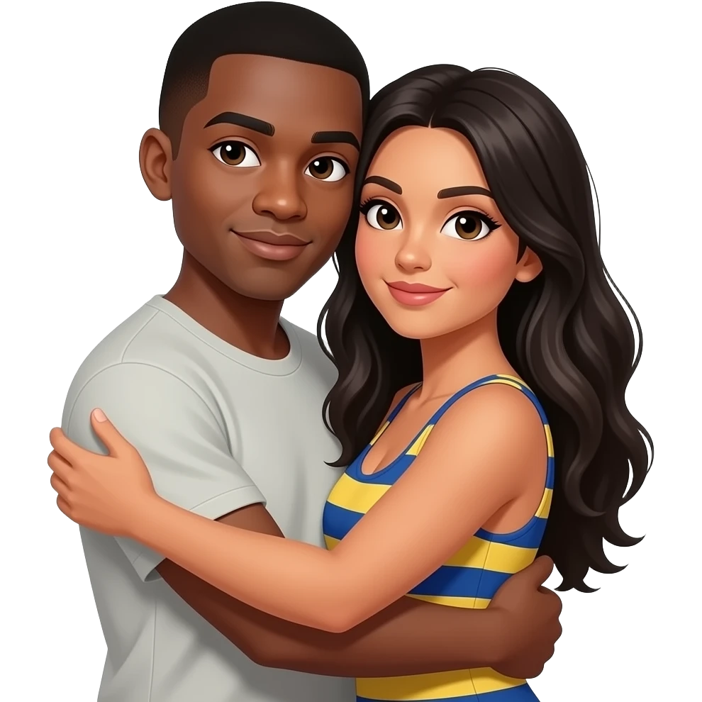 Black male with brown skin and short hair with a Columbian well built woman with look hair and pretty eyes. He is hugging her from the back. emoji