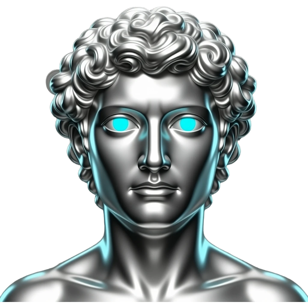 A polished chrome stoic Greek statue head  glowing cyan (#00D4B1) eyes, dark background. Metallic reflections with subtle cyan light accents. with money coins falling in the background emoji
