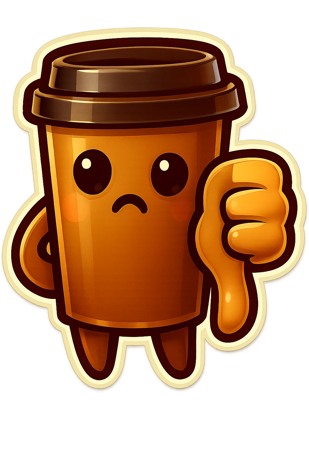 Tall coffee cup, no mouth, big thumbs down emoji