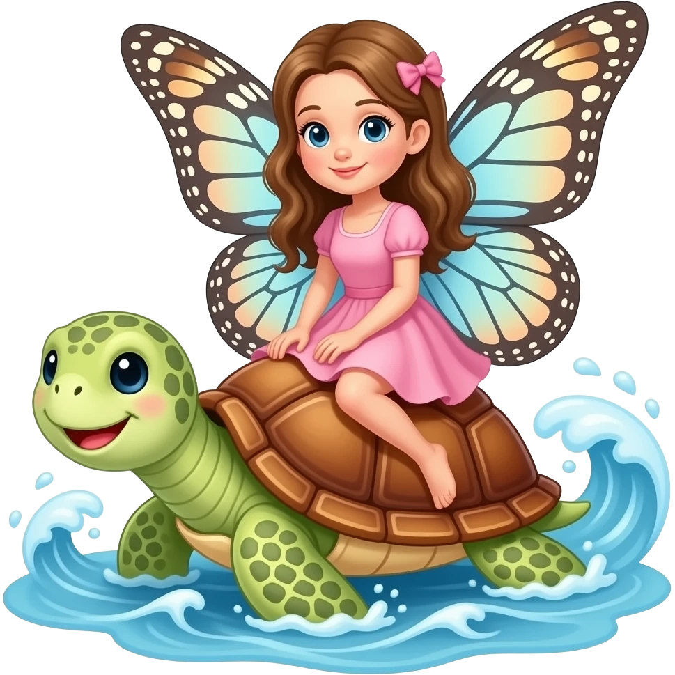Cute fairy with butterfly wings riding a smiling sea turtle through ocean waves, wearing a pink dress, pastel fantasy illustration emoji