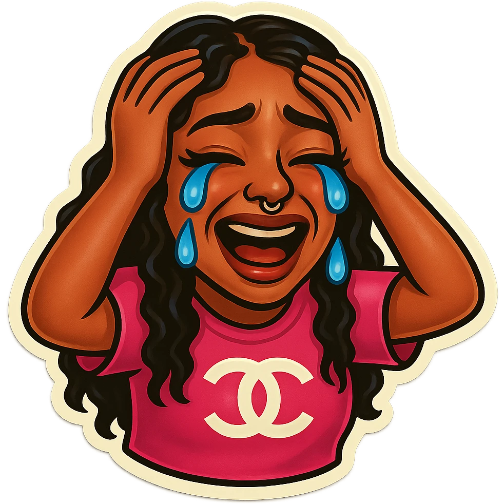  laughing with Tears rolling down face 
Mouth Pout
hands on head 
pink chanel shirt 
head down
 emoji