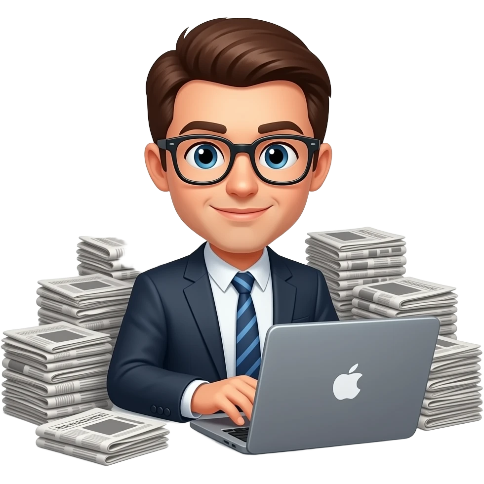 journalist with glasses, very short brown hair no tie working on pc emoji