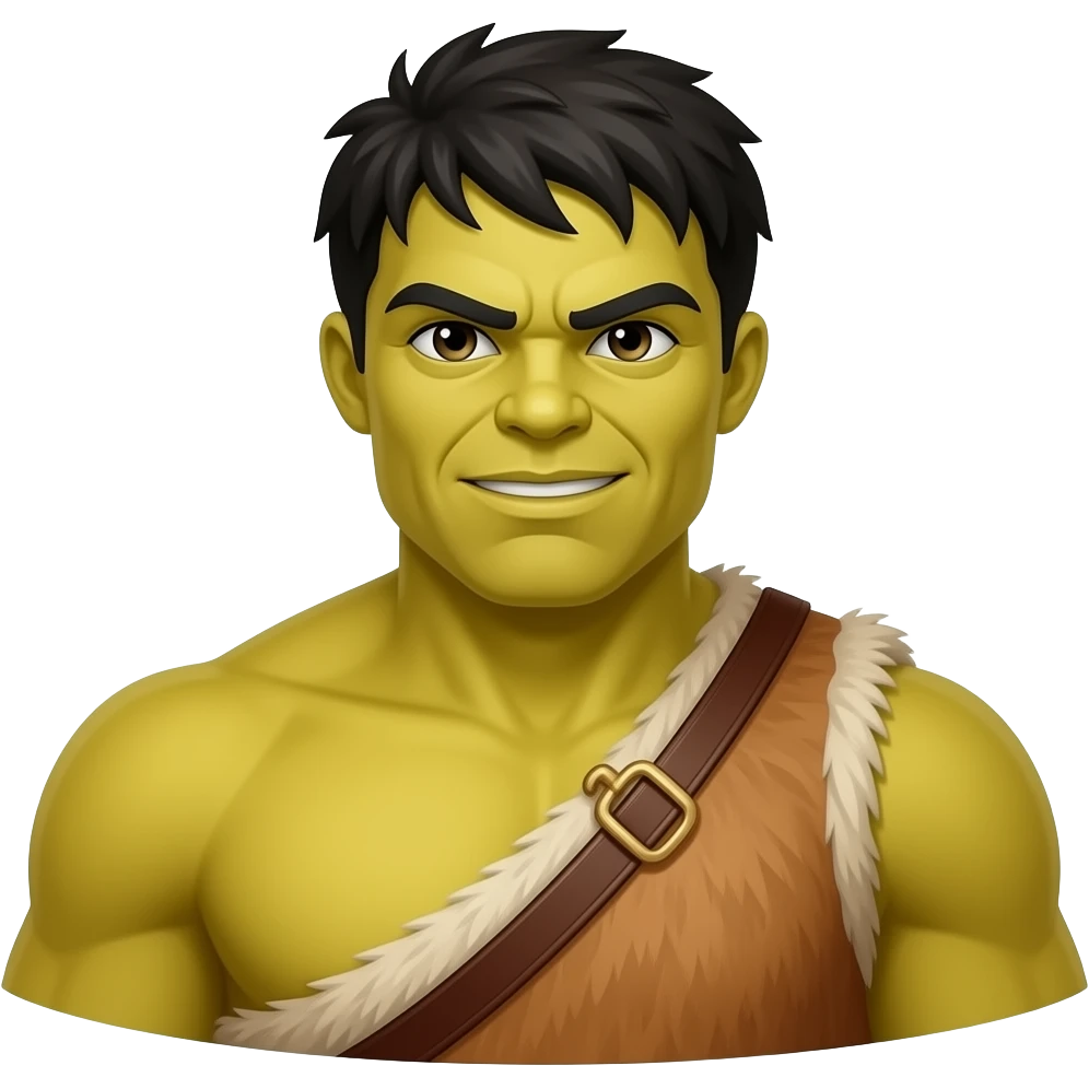 a Hulk wearing ancient animal skin cloth, half body, icon, yellow skin emoji