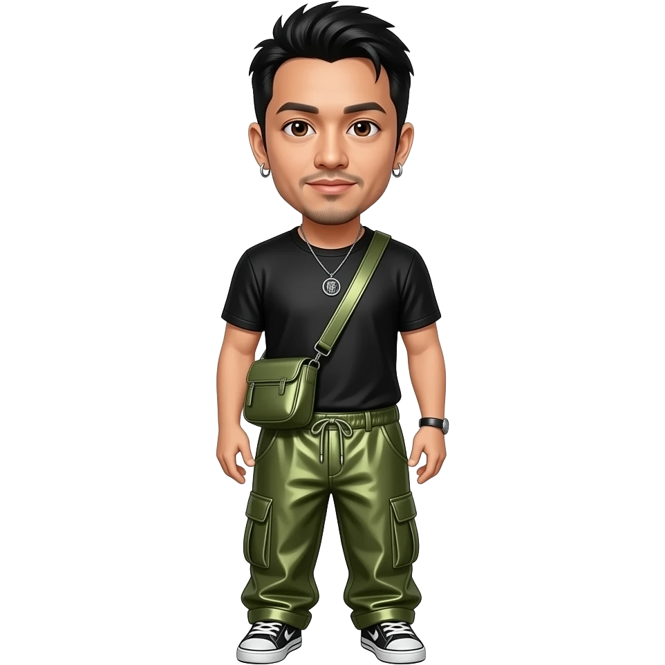 Mike Shinoda with brown eyes, black hair, black metallic t-shirt, olive green metallic baggy loose pants, necklace and earrings emoji