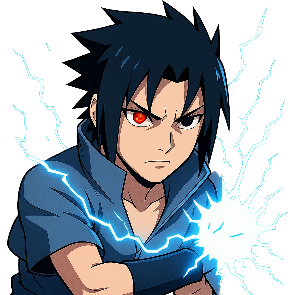 Sasuke Uchiha from Naruto, intense look, red Sharingan eye activated, blue lightning Chidori energy around, subtle animation with eye glowing and lightning crackling, modern sharp anime style, bold colors, clean lines, slightly futuristic, optimized for chat emoji emoji