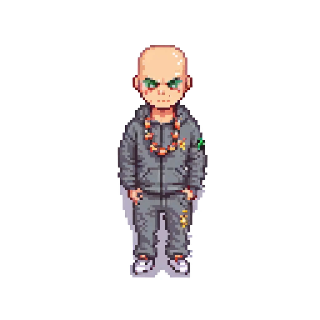 Pixel art thug in tracksuit, holding chain in Hand, bald head, angry expression, side view, retro arcade sprite
 emoji