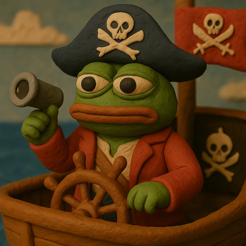 Add the exact skull and crossbones symbol to the pirate flag and the pirate hat in the claymation style image of Pepe the Frog as a pirate captain on a ship with an ocean background. emoji