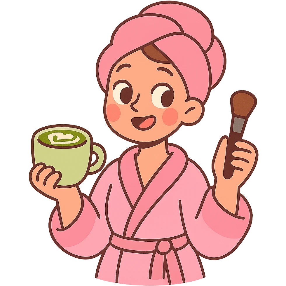 girly girl in pink robe with matcha latte and makeup, pastel cartoon style emoji
